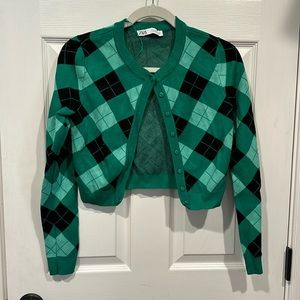 Zara Green Argyle Cropped Cardigan (size M)